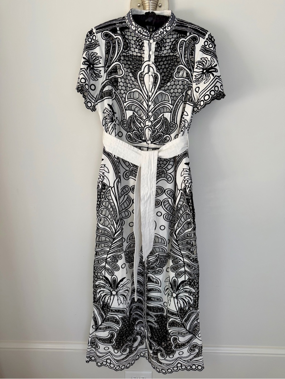Black & White Floral Lace Dress with Waist Tie